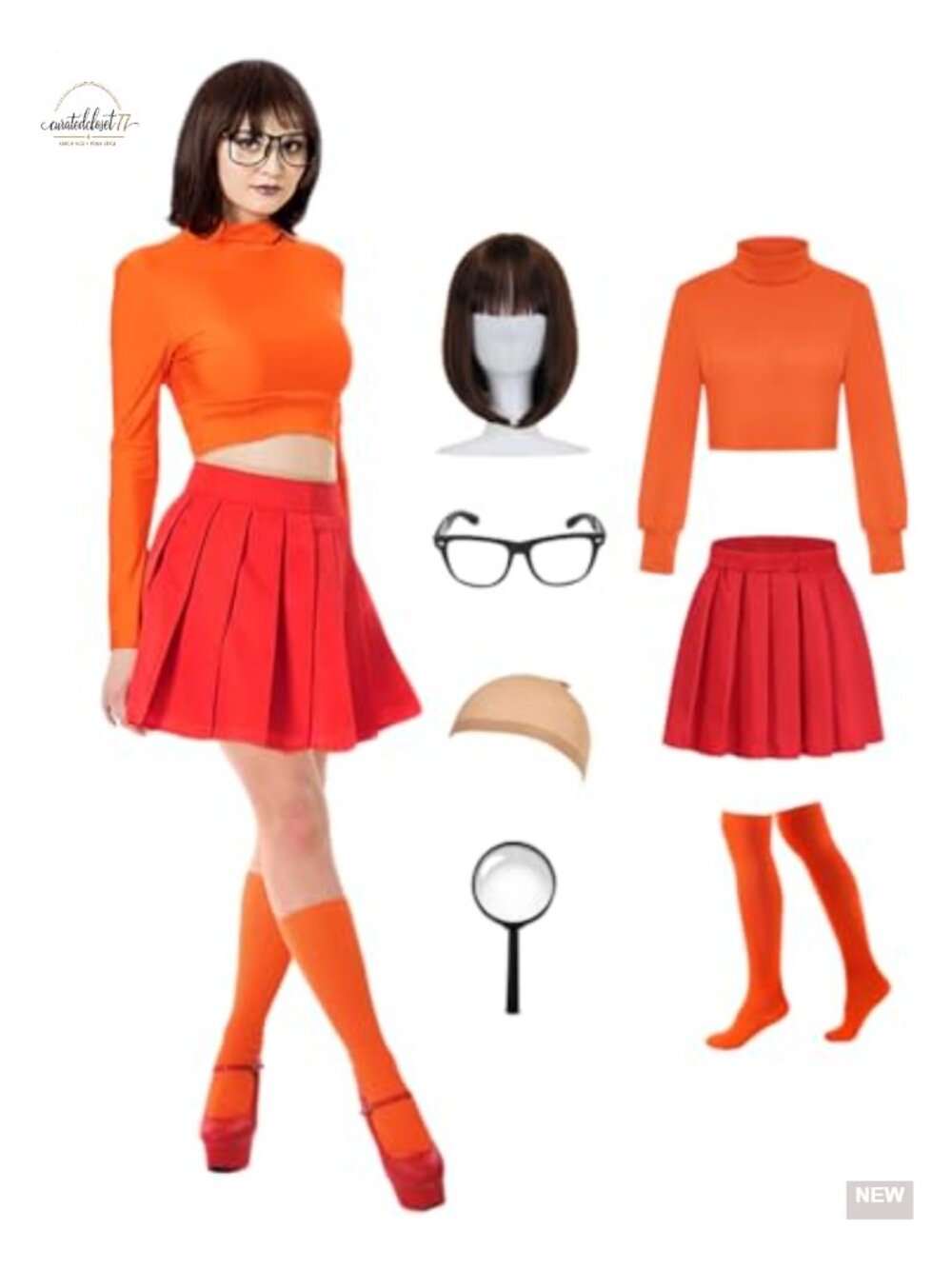 Velma Halloween Costume Set 7pc Sexy Crop Top Pleated Skirt Wig Glasses